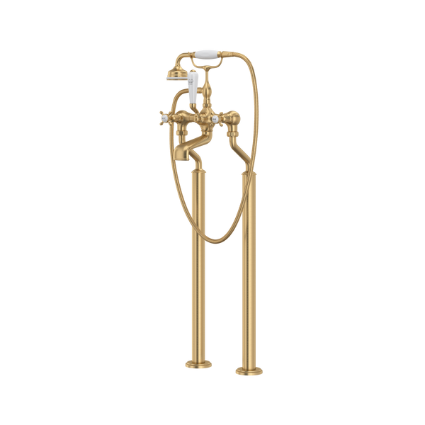 Perrin & Rowe Exposed Floor Mount Tub Filler With Handshower, Cross Handles