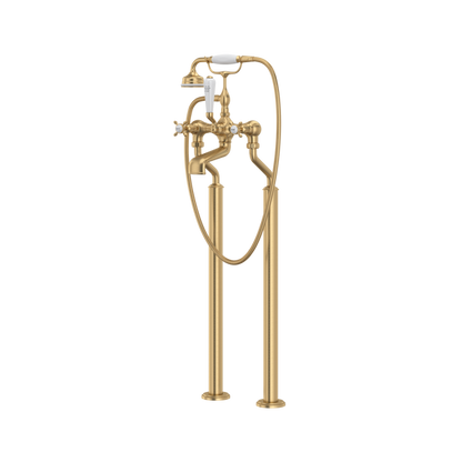 Perrin & Rowe Exposed Floor Mount Tub Filler With Handshower, Cross Handles