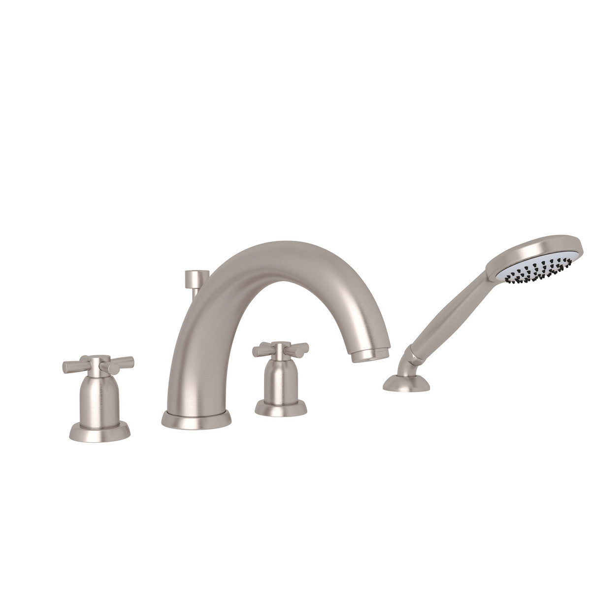 Perrin & Rowe Holborn 4-Hole Deck Mount Tubular C-Spout Bathtub Filler with Handshower, Cross Handle