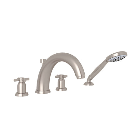 Perrin & Rowe Holborn 4-Hole Deck Mount Tubular C-Spout Bathtub Filler with Handshower, Cross Handle