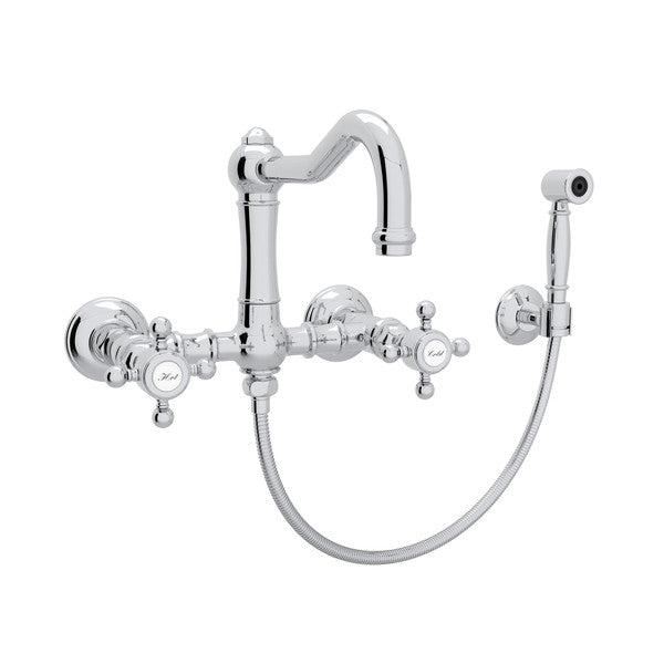 Rohl Acqui Wall Mount Bridge Kitchen Faucet With Sidespray & Column Spout Cross Handles