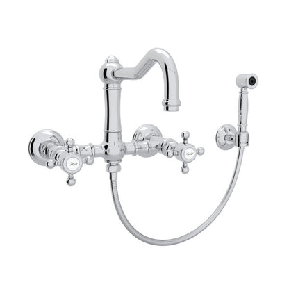 Rohl Acqui Wall Mount Bridge Kitchen Faucet With Sidespray & Column Spout Cross Handles
