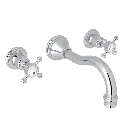 Perrin & Rowe Georgian Era Wall Mount Widespread Bathroom Faucet, Cross Handles with Porcelain Caps