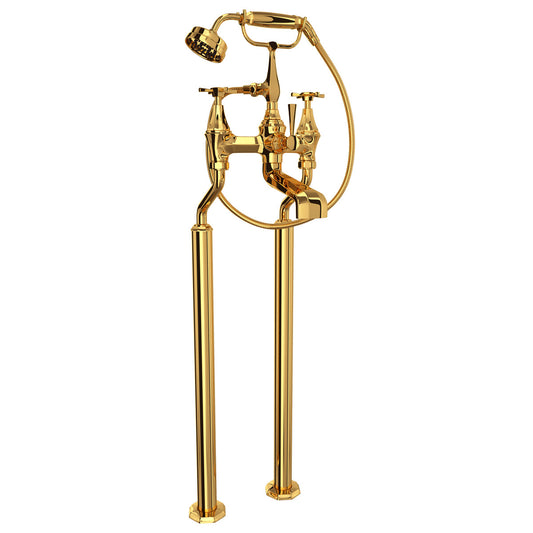 Perrin & Rowe Deco Exposed Floor Mount Tub Filler With Handshower, Cross Handle 19 GPM