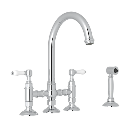 Robinet de cuisine Rohl Acqui Bridge avec douchette latérale et poignées à levier en porcelaine - A1461LPWS-2