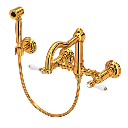 Rohl Acqui Wall Mount Bridge Kitchen Faucet With Sidespray & Column Spout Porcelain Lever Handles
