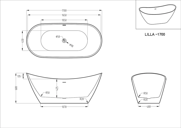 Kodaen Lilia One-Piece Free-Standing Bathtub Glossy White
