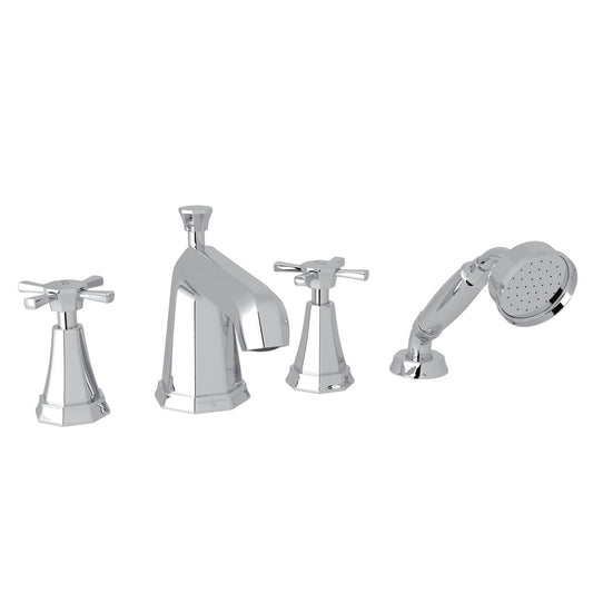 Perrin & Rowe Zendo Deco 4-Hole Deck Mount Tub Filler With Handshower Cross Handle