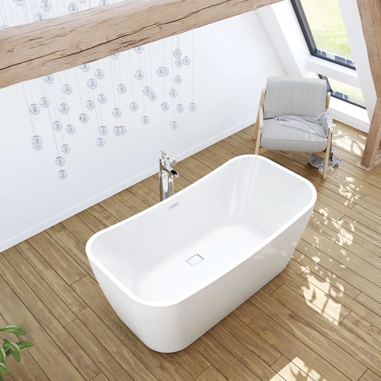 Maax Villi 65 x 32 Acrylic Freestanding Center Drain Bathtub in White with White Skirt